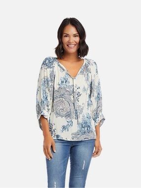 Karen Kane Cream and Blue Paisley V-Neck Blouse